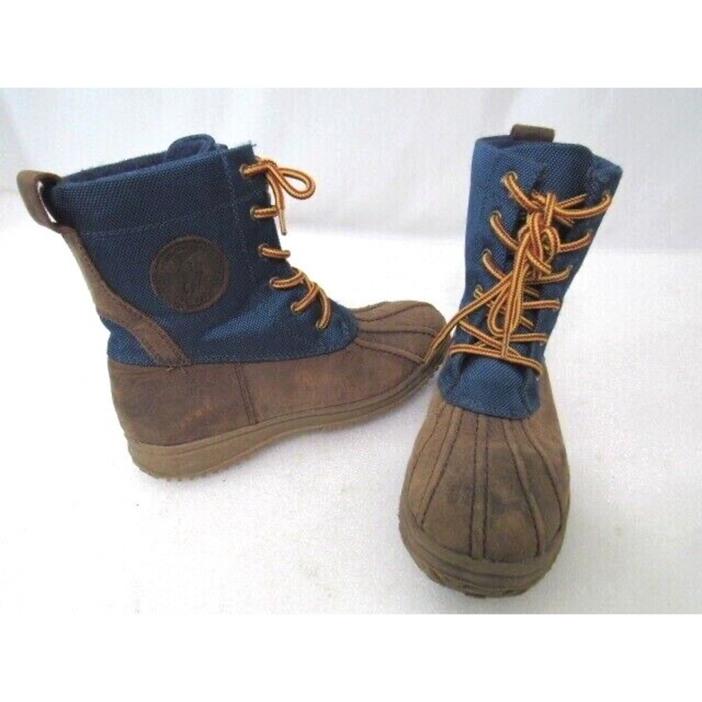 Ralph Lauren Polo Youth Sz 4 Synthetic Leather Boots Blue/Brown Lace Logo